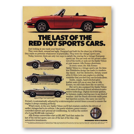 1985 Alfa Romeo Spider Triumph Austin Healey Jaguar Vintage Magazine Print Ad