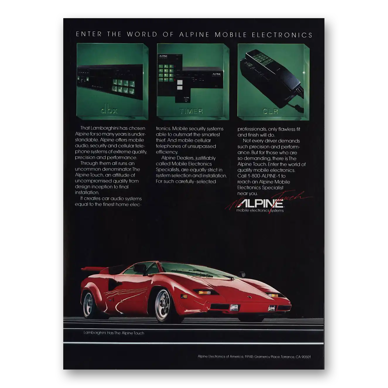 1985 Alpine Electronics Mobile Electronics Lamborghini Has Chosen Vintage Magazine Print Ad