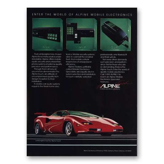 1985 Alpine Electronics Mobile Electronics Lamborghini Has Chosen Vintage Magazine Print Ad