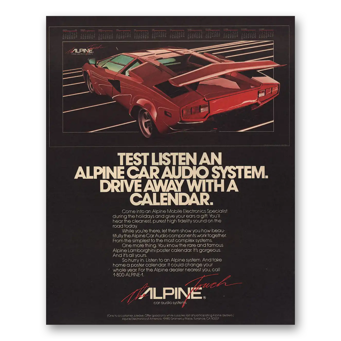 1985 Alpine Electronics Test Listen Vintage Magazine Print Ad