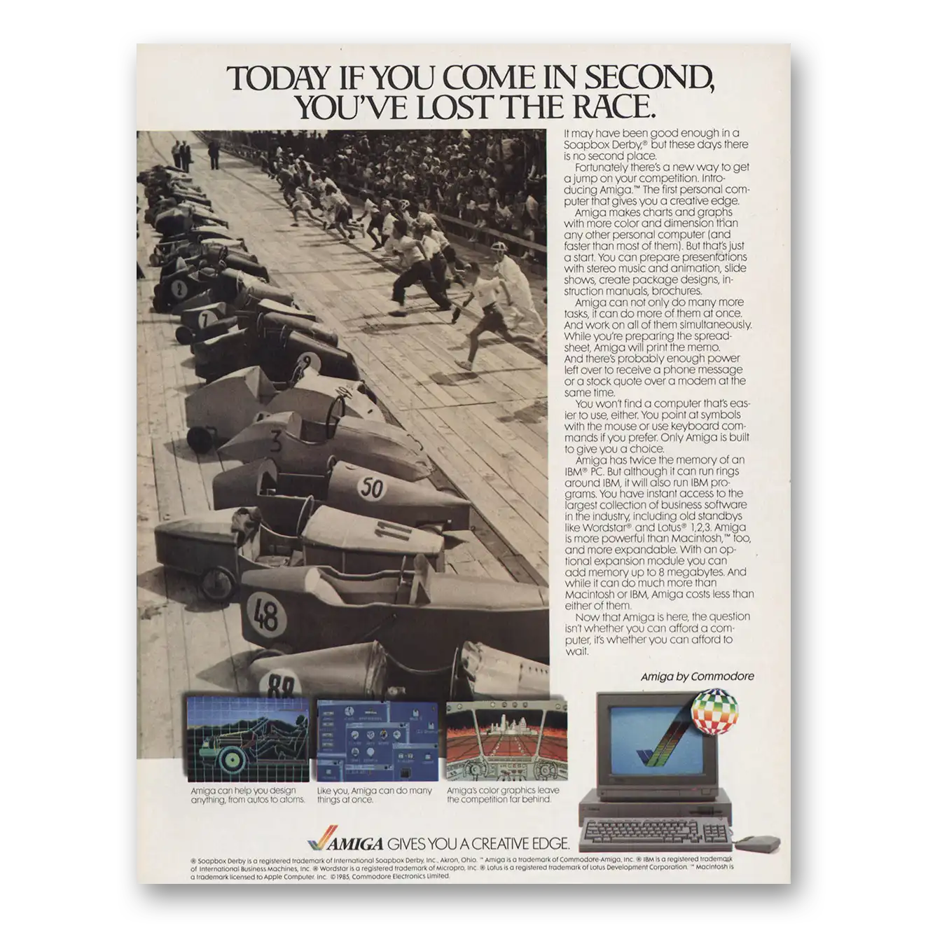 1985 Amiga Personal Computer If You Come In Second Lost the Race Vintage Magazine Print Ad