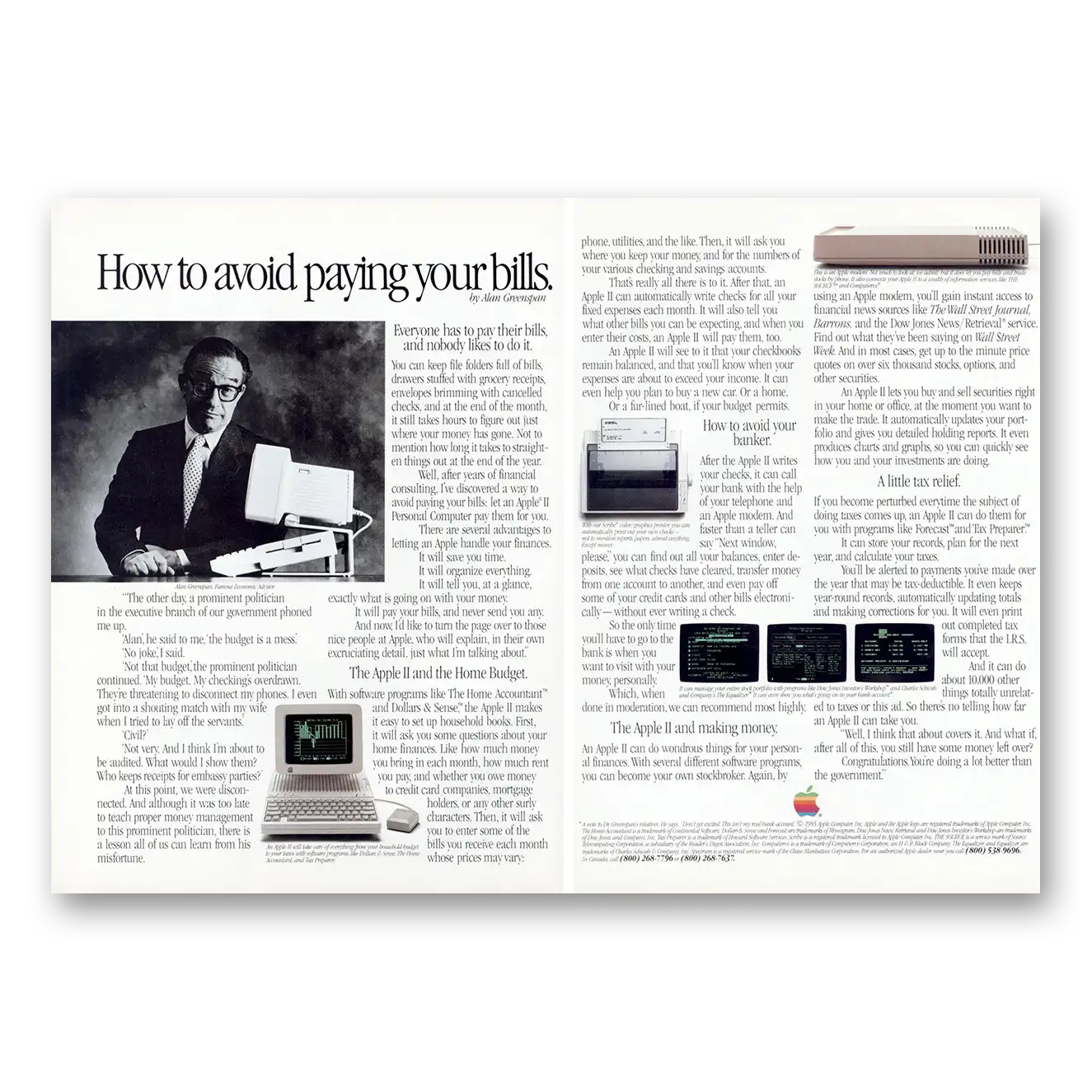 1985 Apple Computer Alan Greenspan Avoid Paying Your Bills Vintage Magazine Print Ad