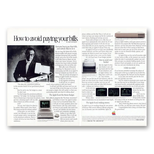 1985 Apple Computer Alan Greenspan Avoid Paying Your Bills Vintage Magazine Print Ad