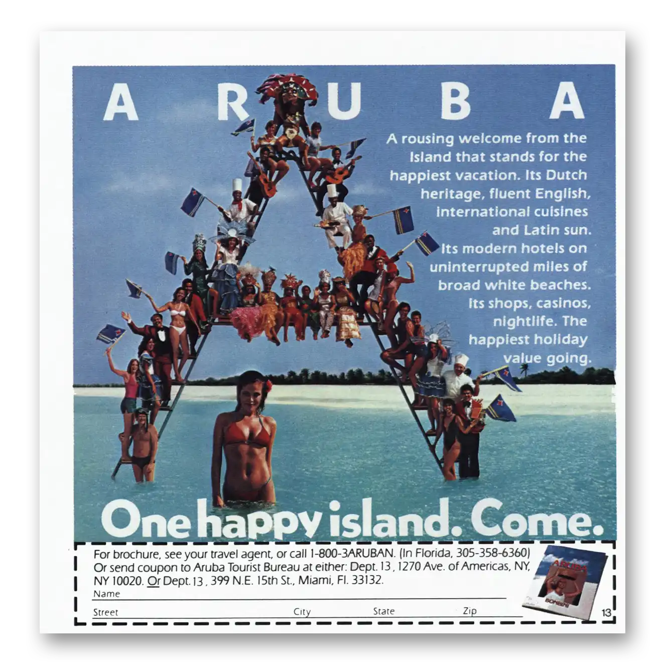 1985 Aruba One Happy Island Come Vintage Magazine Print Ad