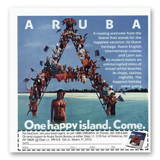 1985 Aruba One Happy Island Come Vintage Magazine Print Ad