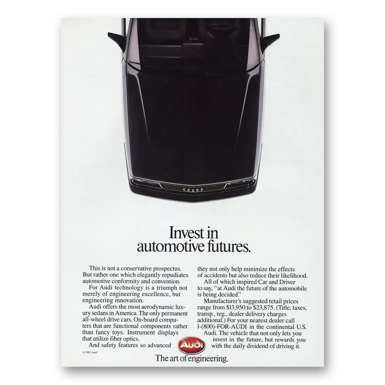 1985 Audi Invest In Automotive Futures Vintage Magazine Print Ad