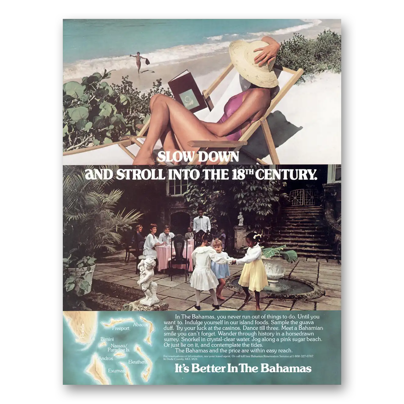 1985 Bahamas Slow Down Stroll Into 18th Century Vintage Magazine Print Ad