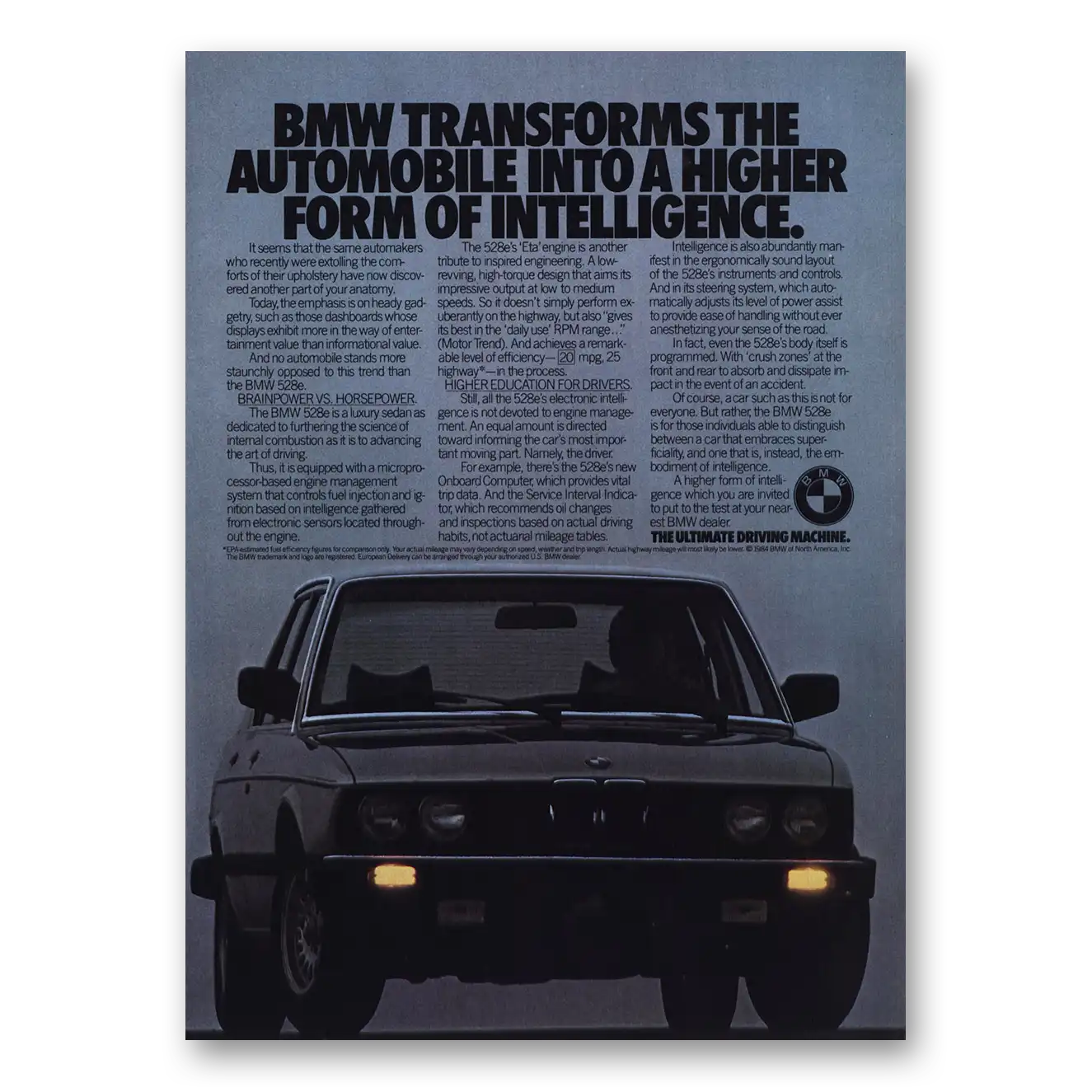 1985 BMW 5 Series Transforms Higher Form of Intelligence Vintage Magazine Print Ad