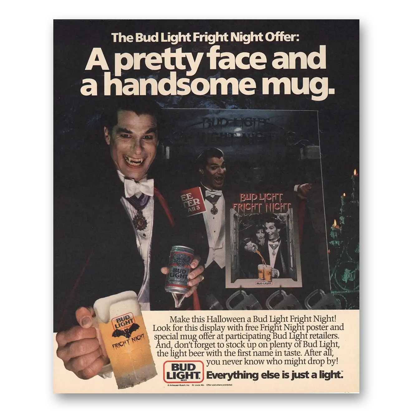 1985 Budweiser Beer Bud Light Pretty Face Handsome Mug Vintage Magazine Print Ad