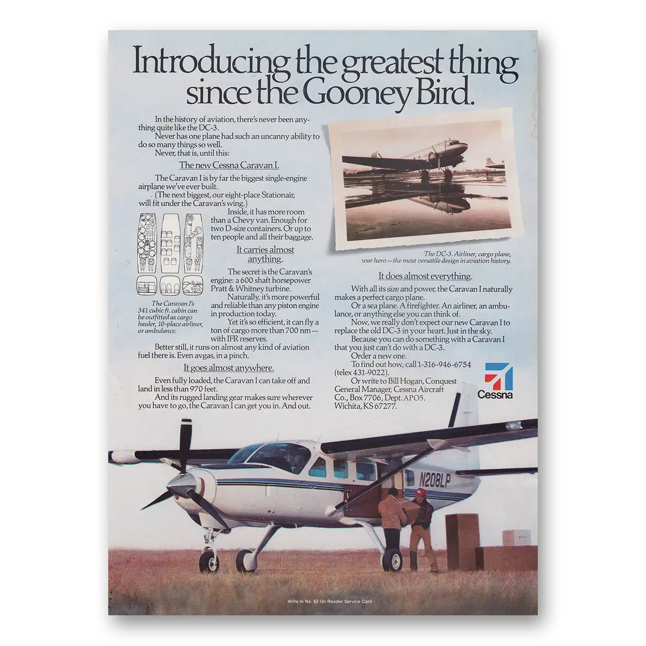 1985 Cessna Caravan Greatest Thing Since the Gooney Bird Vintage Magazine Print Ad