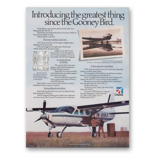 1985 Cessna Caravan Greatest Thing Since the Gooney Bird Vintage Magazine Print Ad