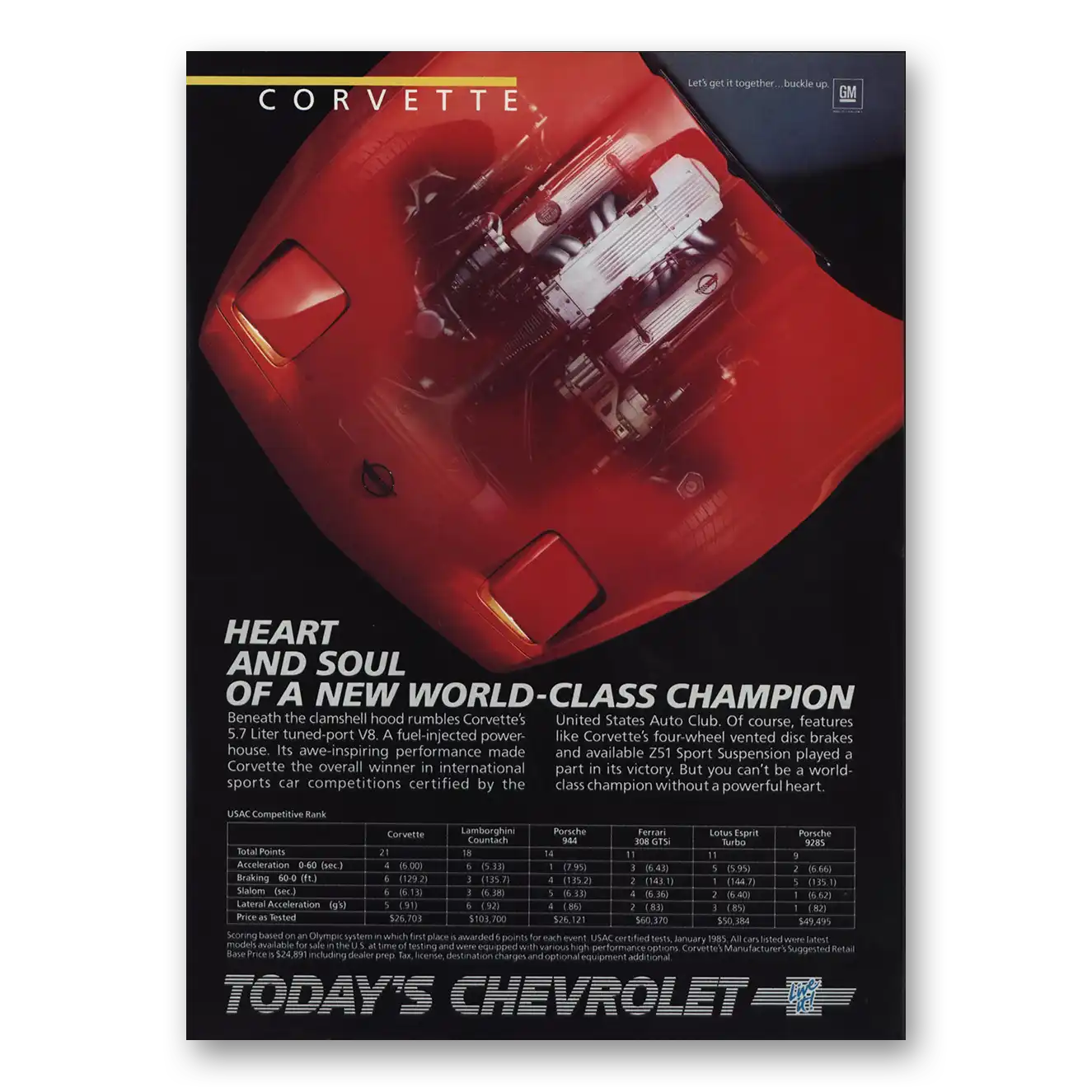 1985 Chevrolet Corvette Heart and Soul World Class Champion Vintage Magazine Print Ad