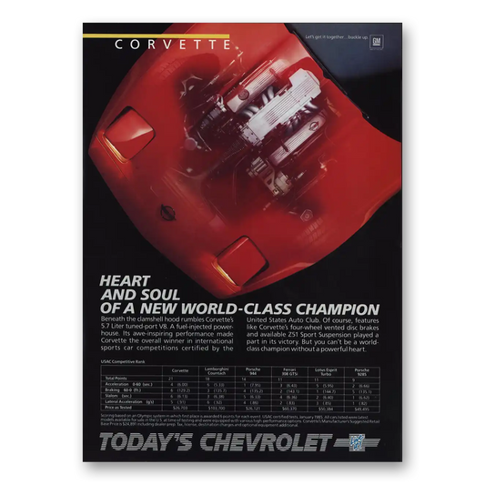 1985 Chevrolet Corvette Heart and Soul World Class Champion Vintage Magazine Print Ad