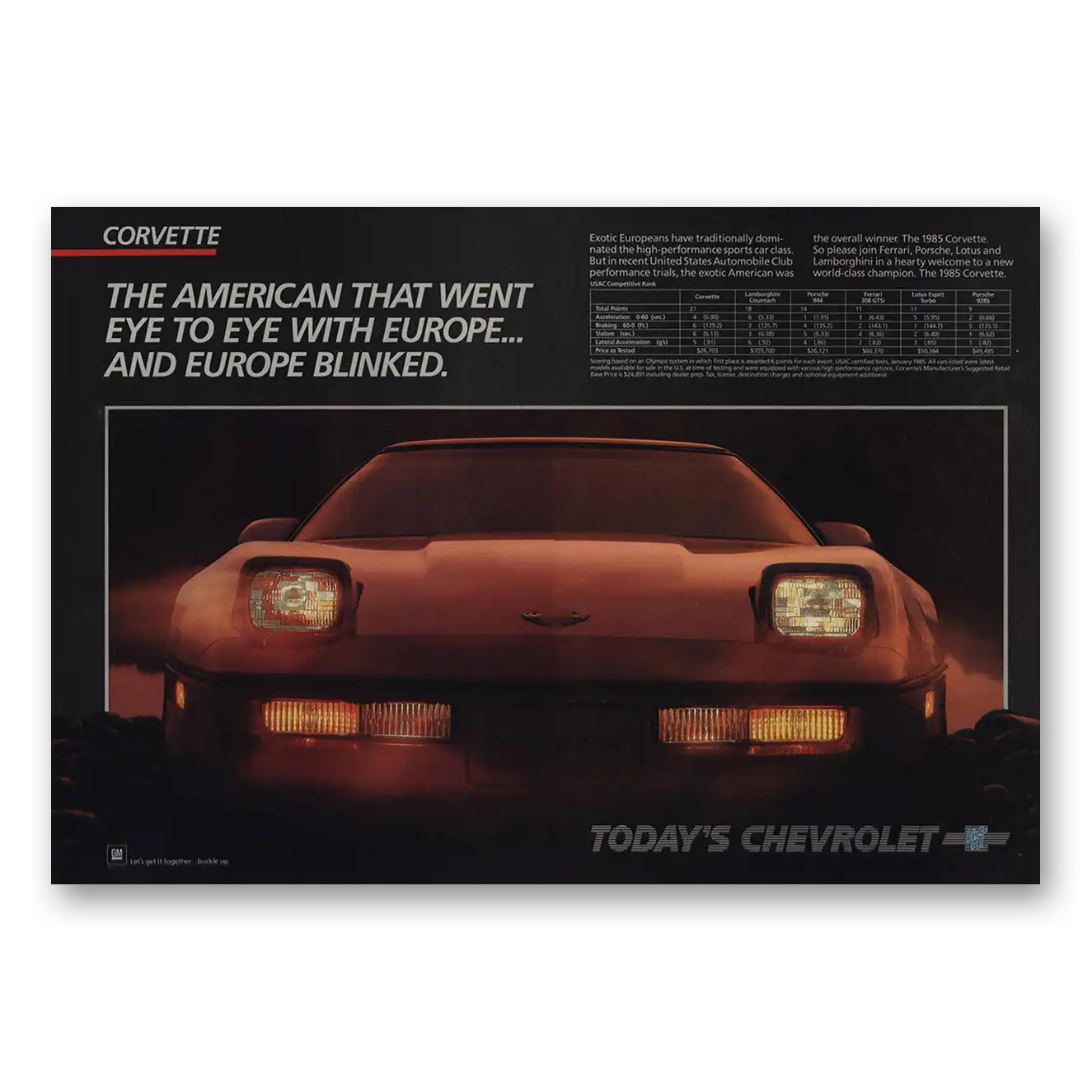 1985 Chevrolet Corvette American That Went Eye to Eye Vintage Magazine Print Ad