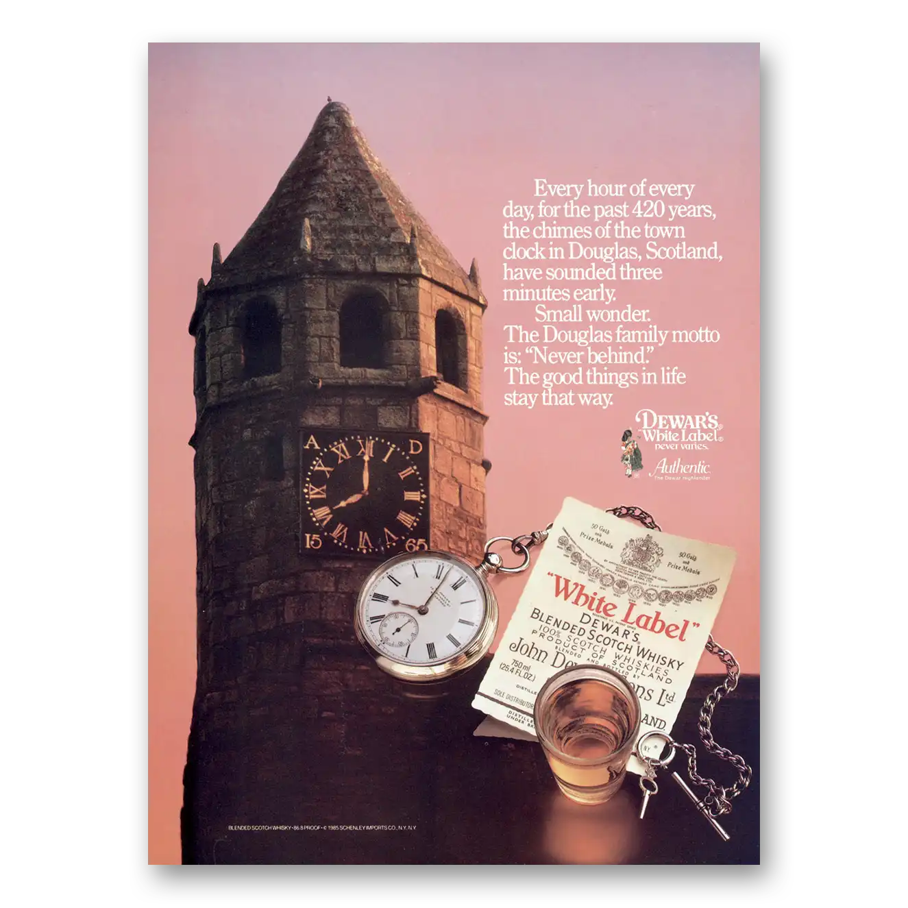 1985 Dewars White Label Every Hour of Every Day Douglas Scotland Vintage Magazine Print Ad