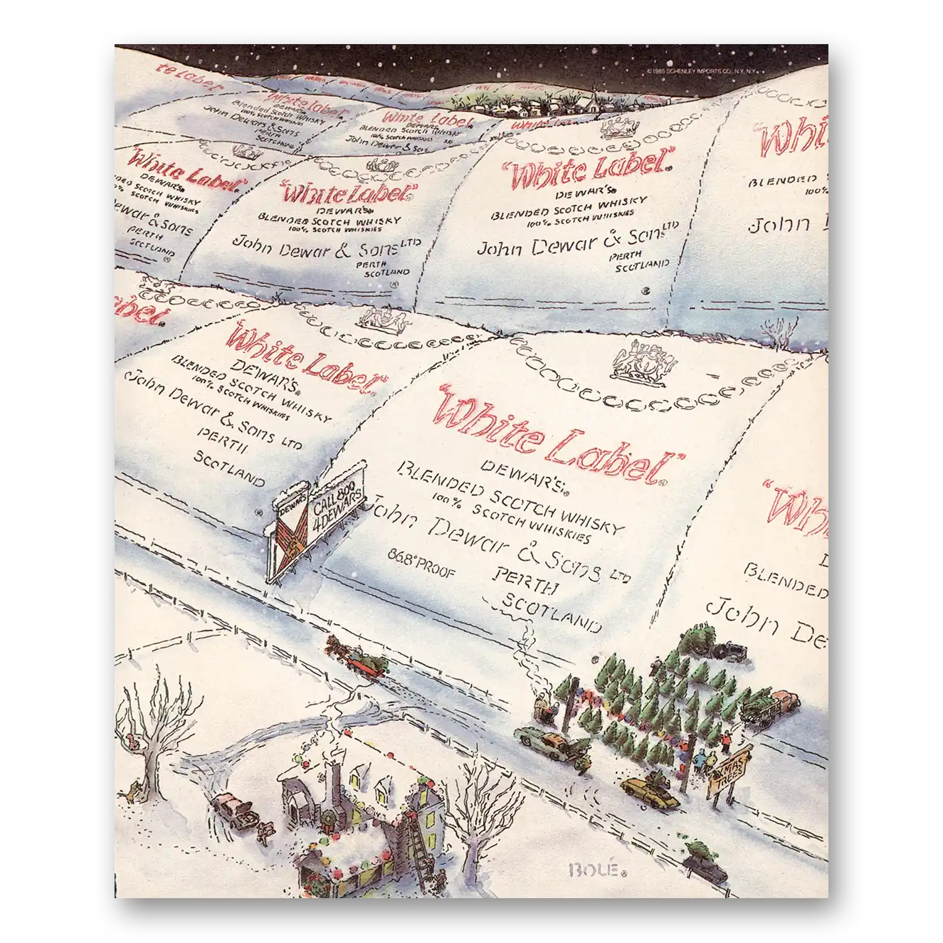 1985 Dewars White Label Christmas Tree Farm Vintage Magazine Print Ad