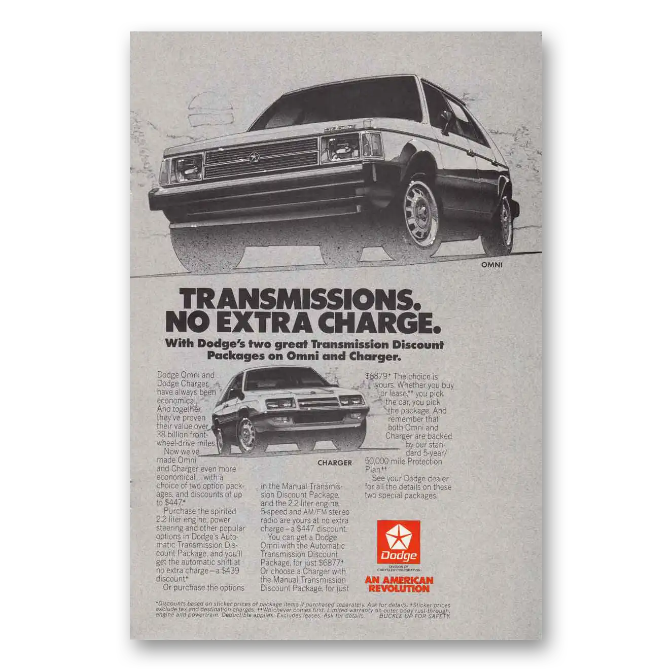 1985 Dodge Omni Transmissions No Extra Charge Vintage Magazine Print Ad