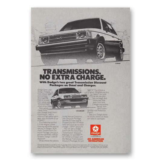 1985 Dodge Omni Transmissions No Extra Charge Vintage Magazine Print Ad