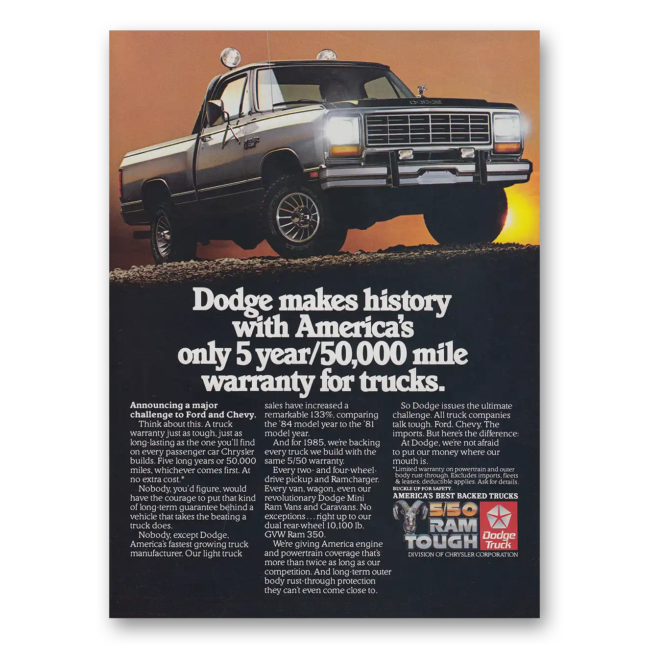 1985 Dodge Ram Makes History with Americas Only 5 Year Vintage Magazine Print Ad