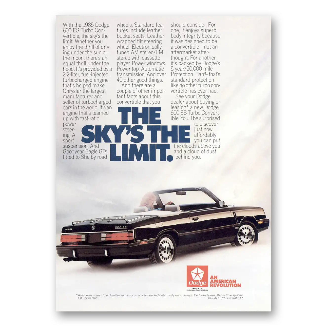 1985 Dodge ES Turbo Convertible Skys the Limit Vintage Magazine Print Ad