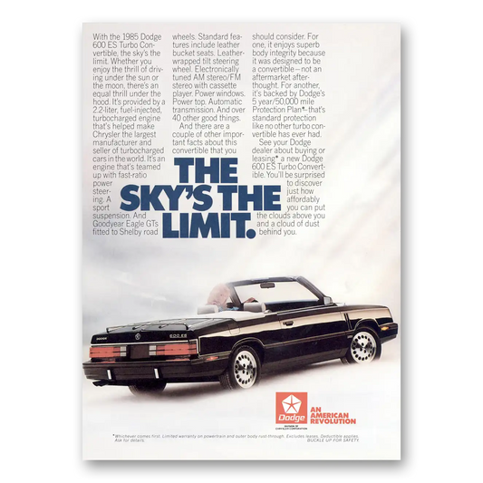 1985 Dodge ES Turbo Convertible Skys the Limit Vintage Magazine Print Ad