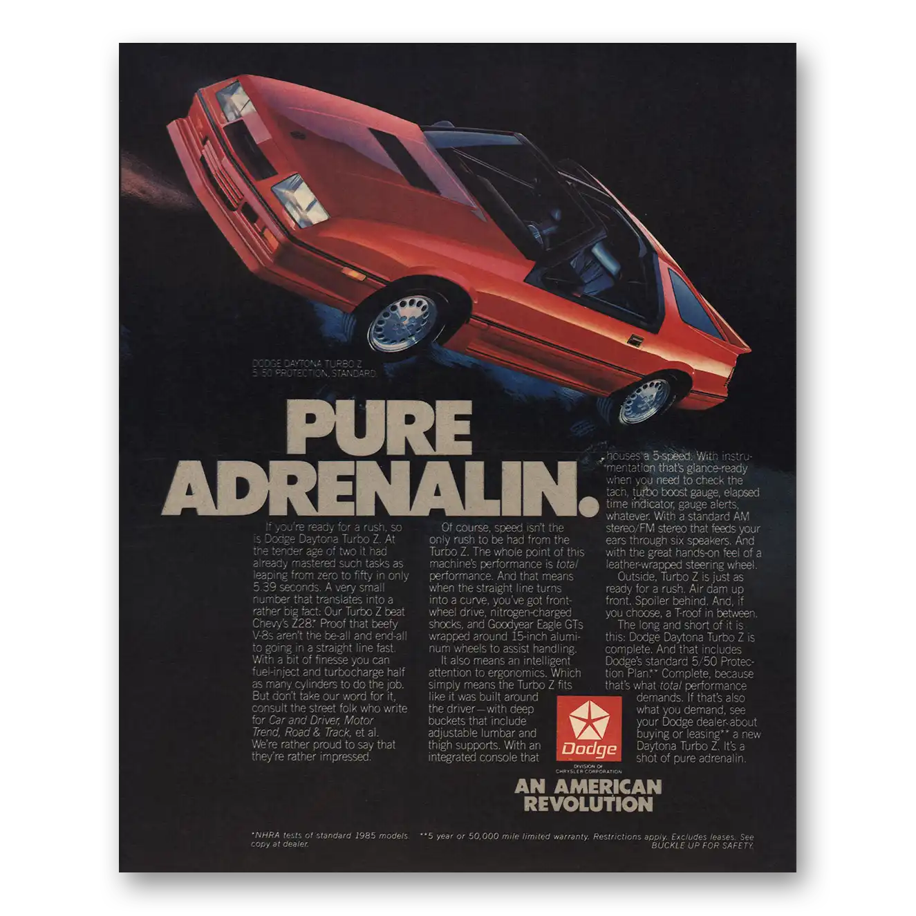 1985 Dodge Daytona Pure Adrenalin Vintage Magazine Print Ad