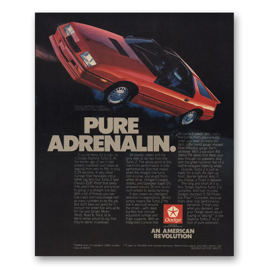 1985 Dodge Daytona Pure Adrenalin Vintage Magazine Print Ad