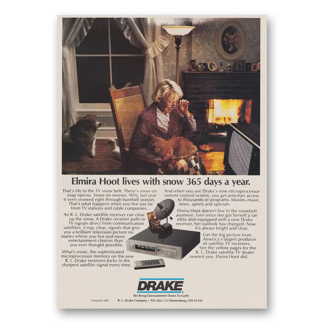 1985 Drake Satellite Receiver Elmira Hoot Lives With Snow 365 Days a Year Vintage Magazine Print Ad