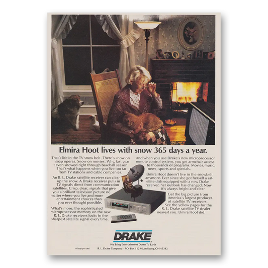 1985 Drake Satellite Receiver Elmira Hoot Lives With Snow 365 Days a Year Vintage Magazine Print Ad