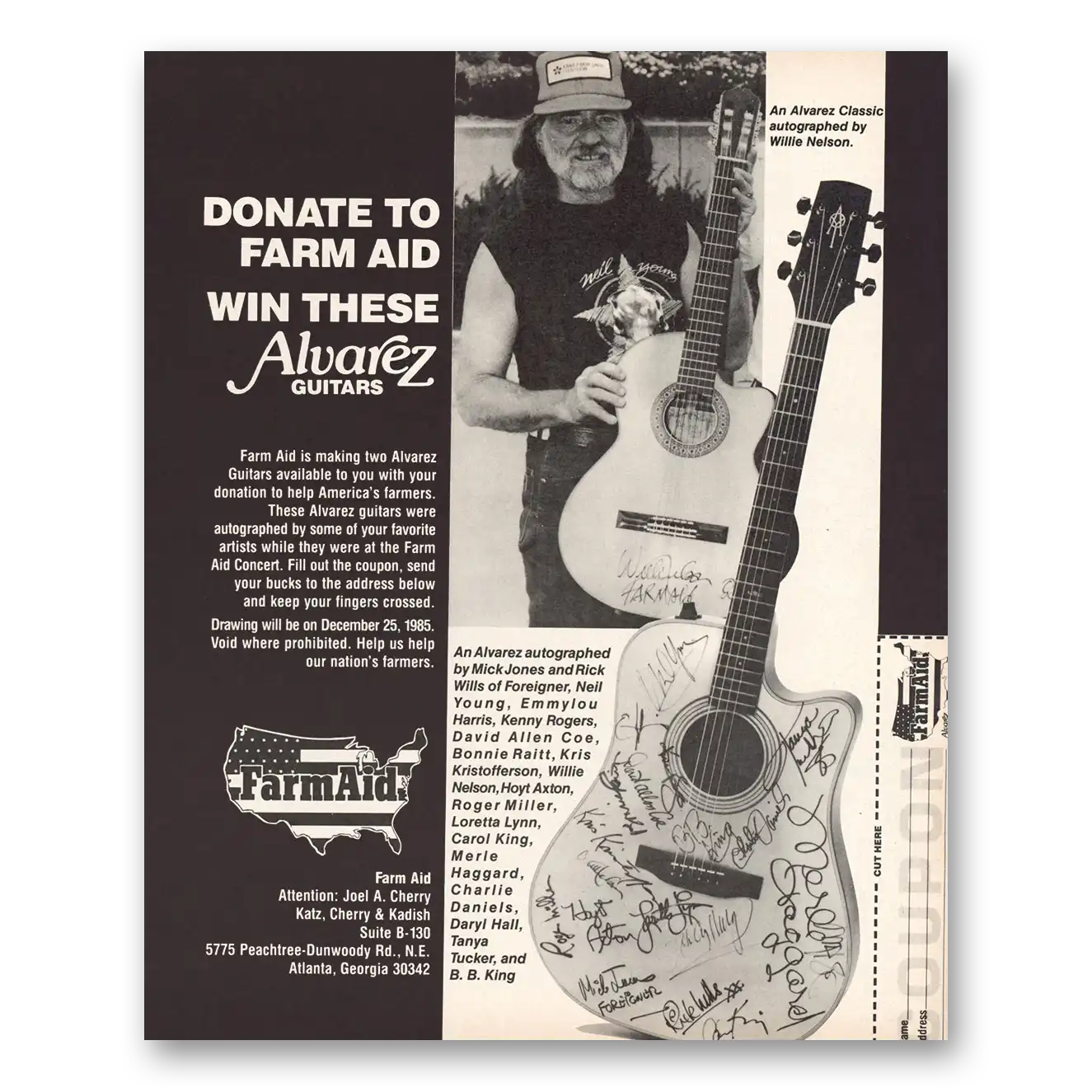 1986 Farm Aid Alvarez Guitars Willie Nelson Vintage Magazine Print Ad