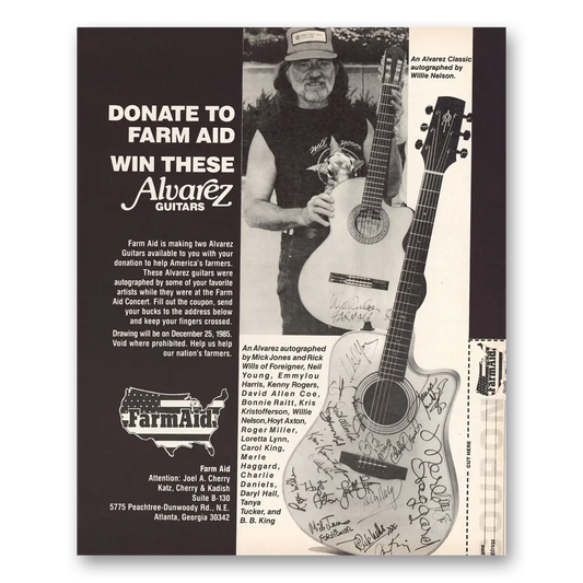 1986 Farm Aid Alvarez Guitars Willie Nelson Vintage Magazine Print Ad