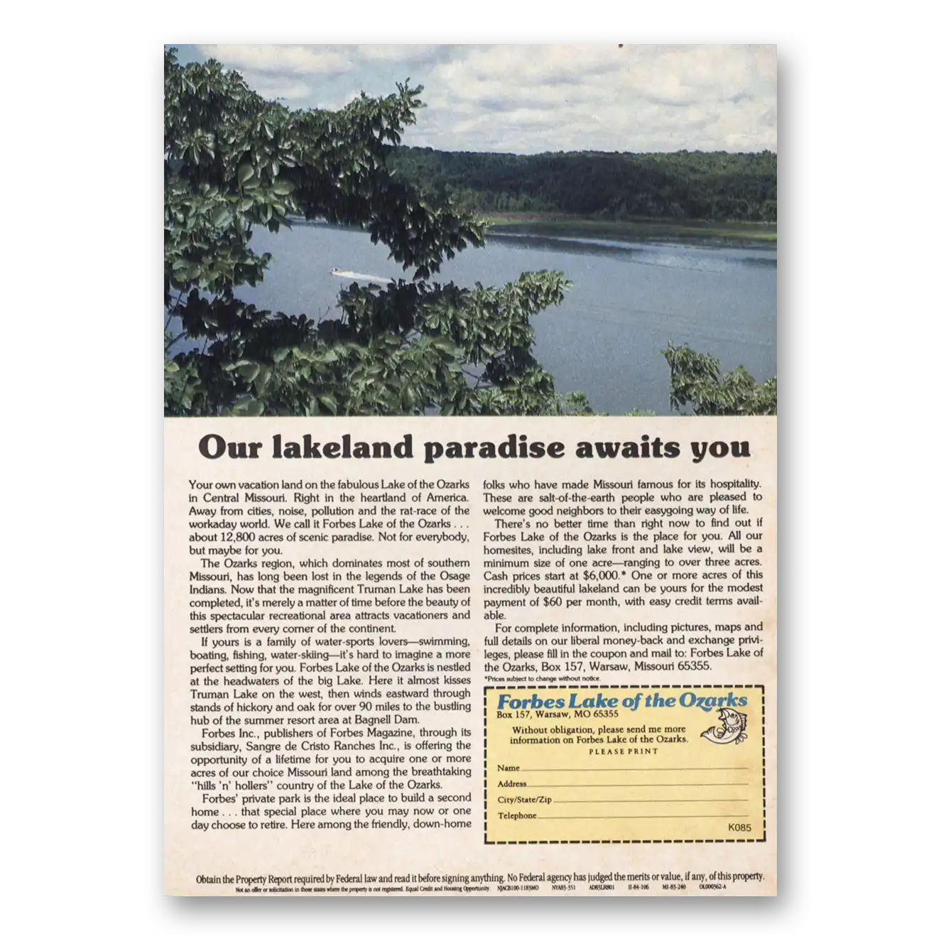 1985 Forbes Lake of the Ozarks Lakeland Paradise Missouri Vintage Magazine Print Ad