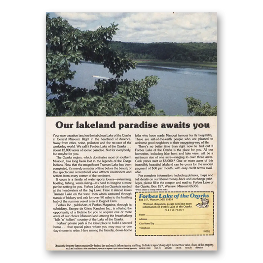 1985 Forbes Lake of the Ozarks Lakeland Paradise Missouri Vintage Magazine Print Ad