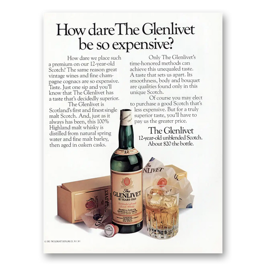 1985 Glenlivet How Dare the Glenlivet Be So Expensive Vintage Magazine Print Ad