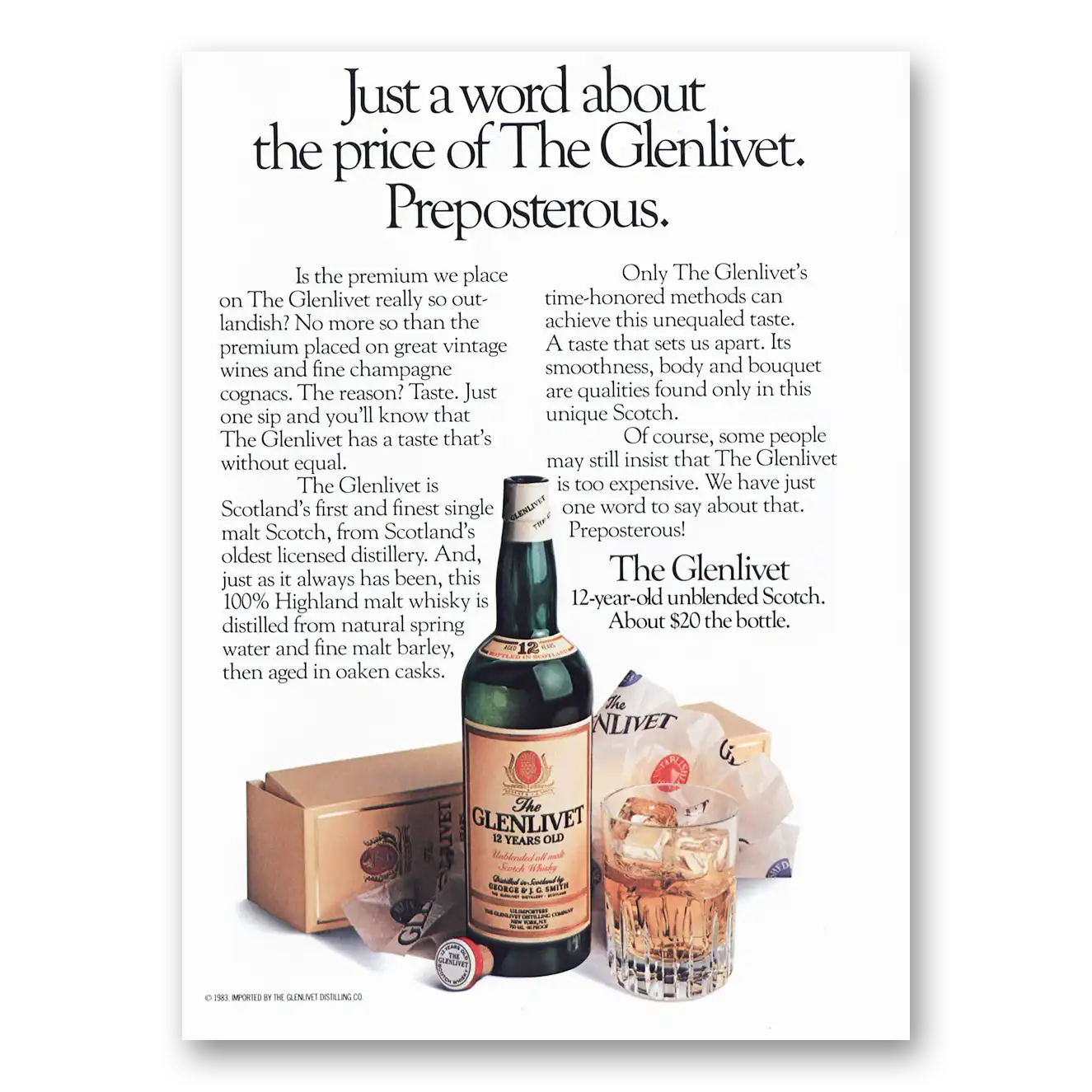 1985 Glenlivet Just a Word Preposterous Vintage Magazine Print Ad