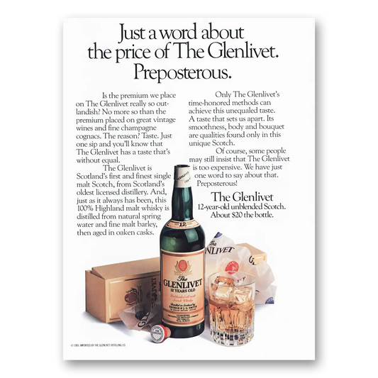 1985 Glenlivet Just a Word Preposterous Vintage Magazine Print Ad