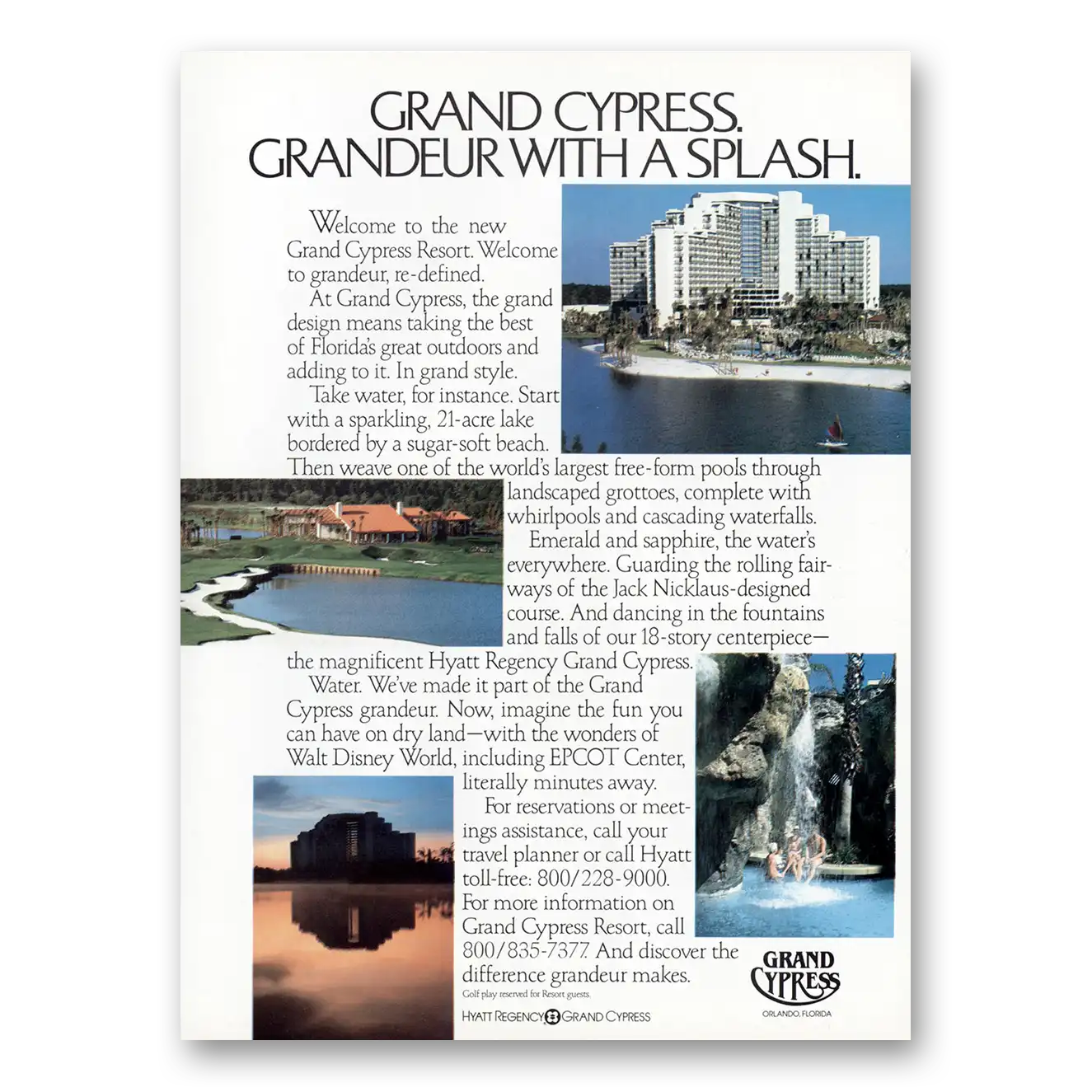 1985 Hyatt Hotels Grand Cypress Hotel Grandeur With a Splash Vintage Magazine Print Ad