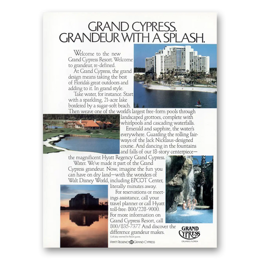 1985 Hyatt Hotels Grand Cypress Hotel Grandeur With a Splash Vintage Magazine Print Ad