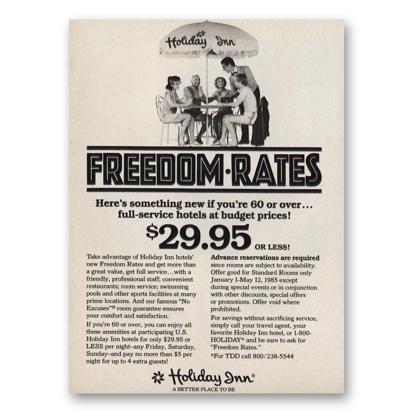 1985 Holiday Inn Freedom Rates Vintage Magazine Print Ad