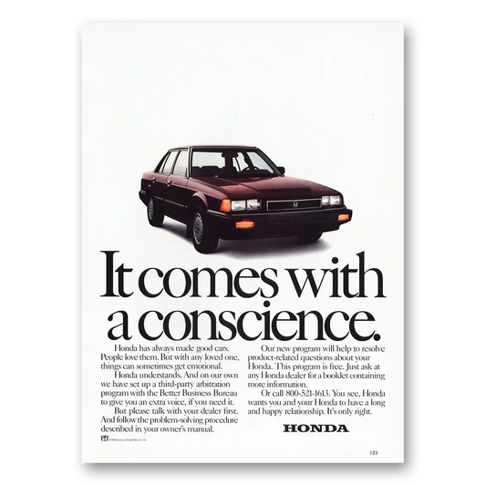 1985 Honda Comes With a Conscience Vintage Magazine Print Ad