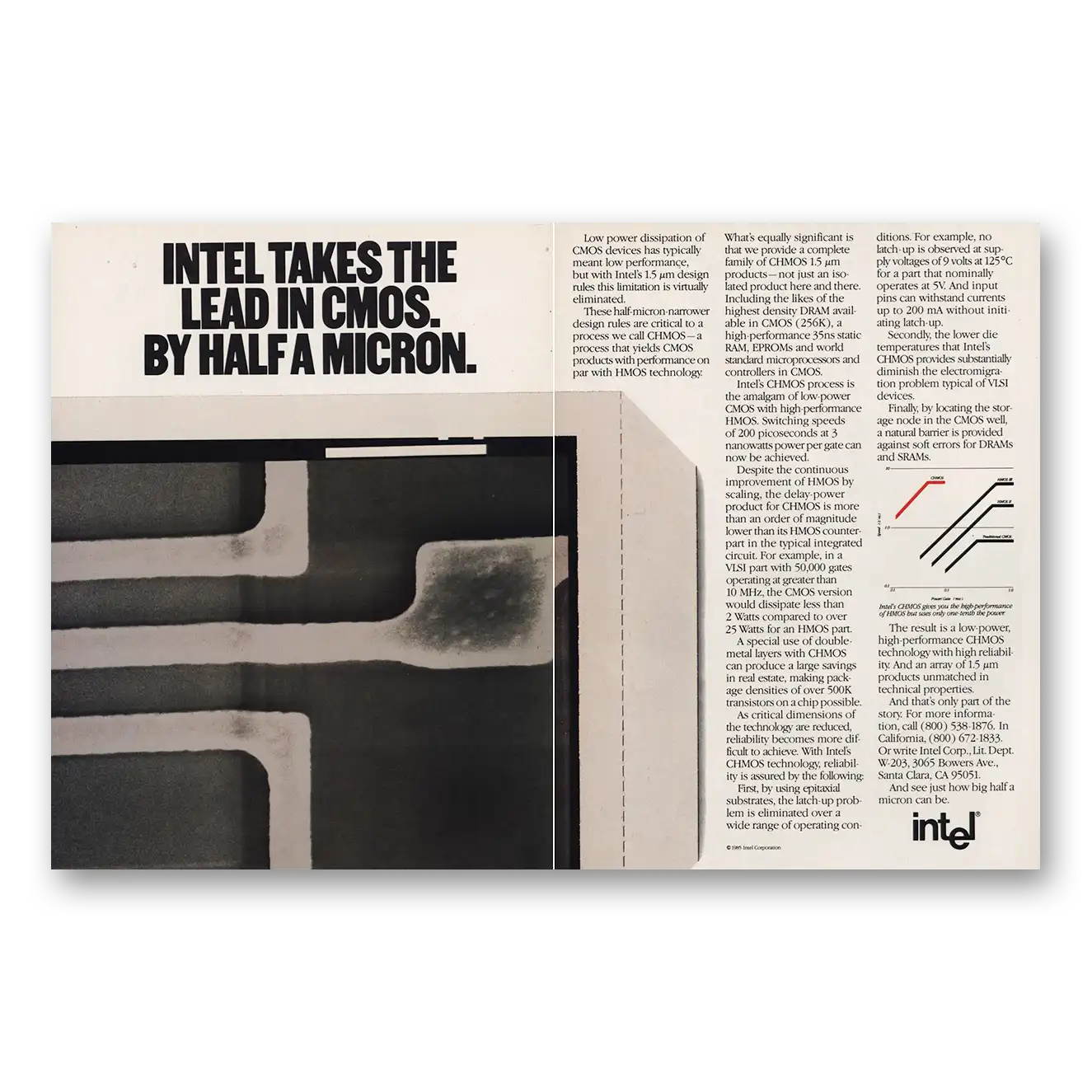 1985 Intel Takes the Lead CMOS Half a Micron Vintage Magazine Print Ad