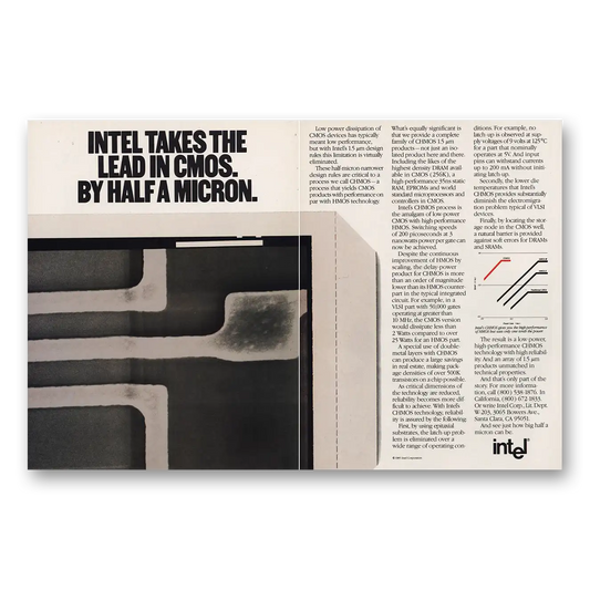 1985 Intel Takes the Lead CMOS Half a Micron Vintage Magazine Print Ad