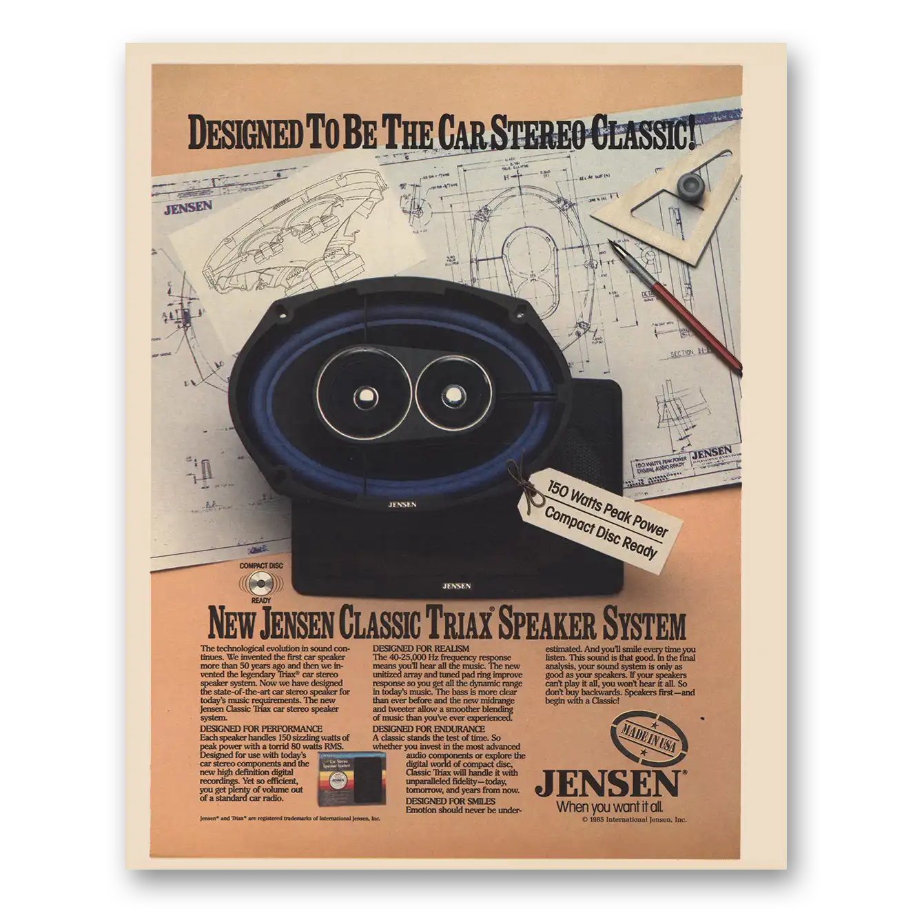 1985 Jensen Car Stereo Classic Triax Speaker System Vintage Magazine Print Ad