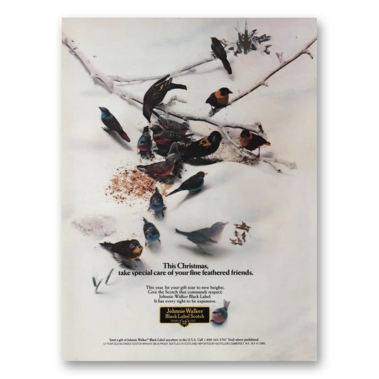 1985 Johnnie Walker Black Label Christmas Fine Feathered Friends Vintage Magazine Print Ad