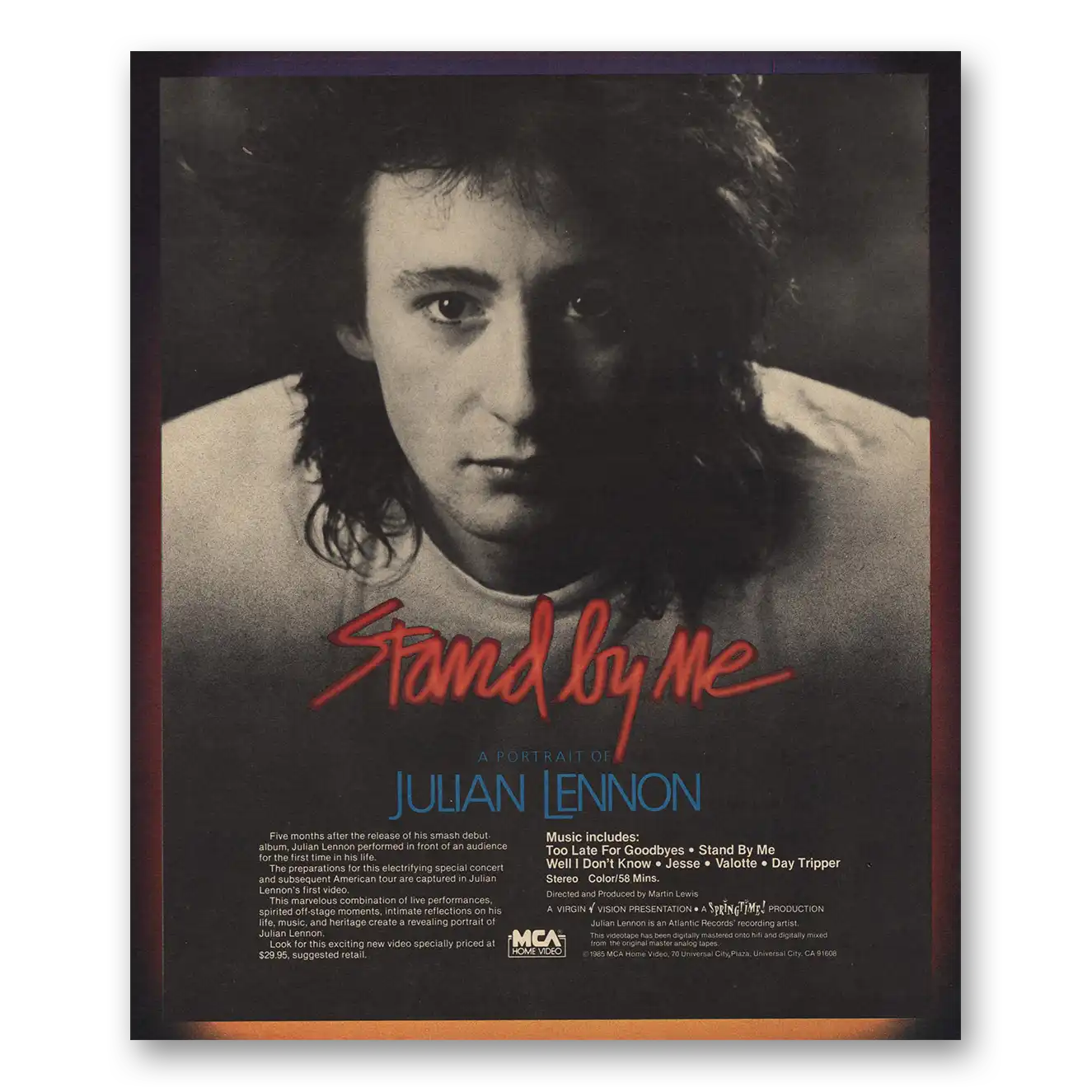 1985 Julian Lennon Stand By Me Vintage Magazine Print Ad