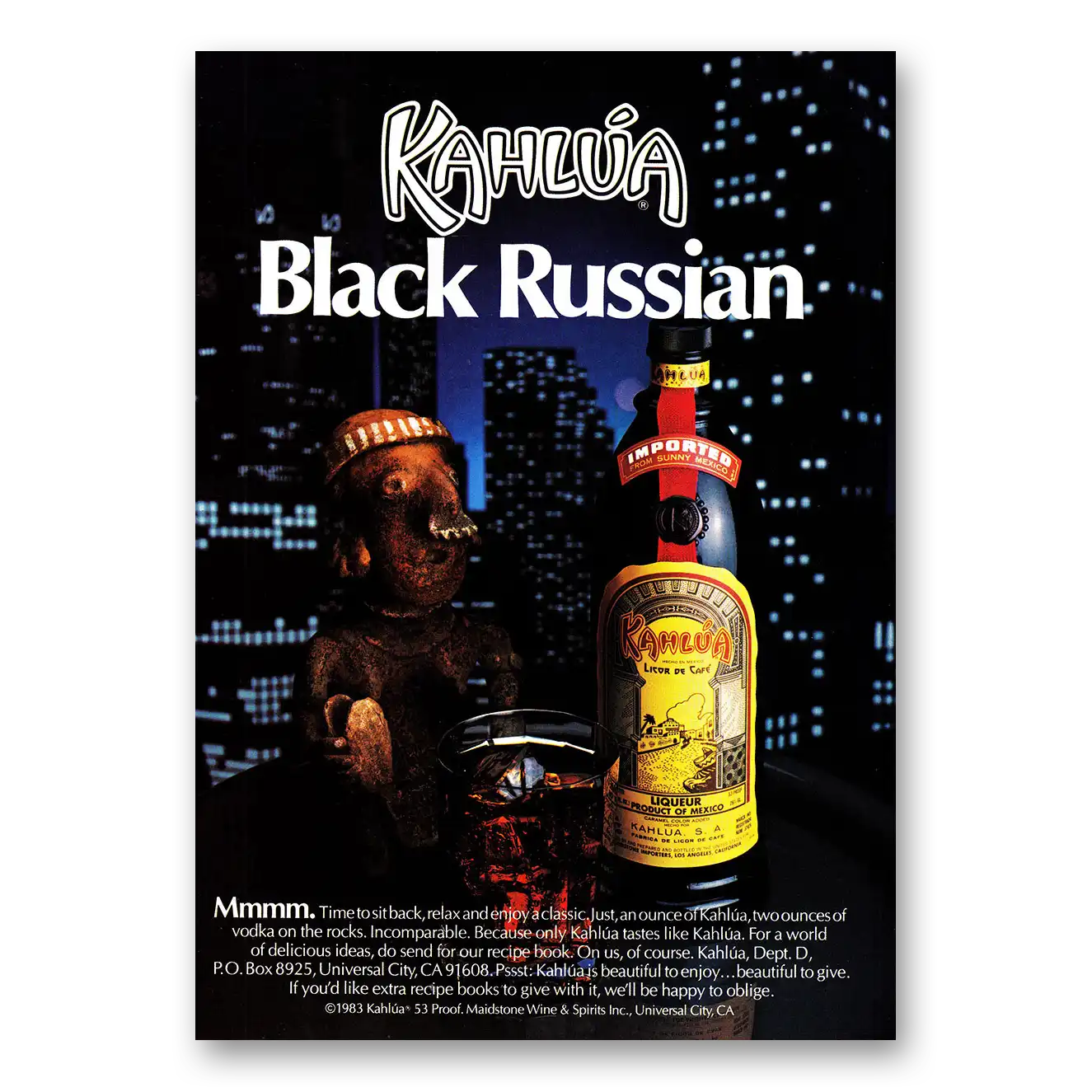 1985 Kahlua Black Russian Mmmm Skyline Vintage Magazine Print Ad