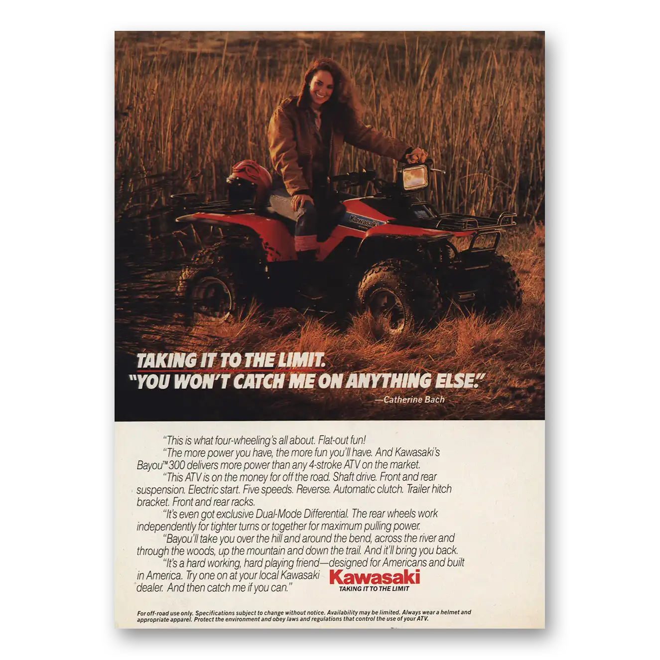 1985 Kawasaki Bayou ATV Taking It to the Limit Catherine Bach Vintage Magazine Print Ad