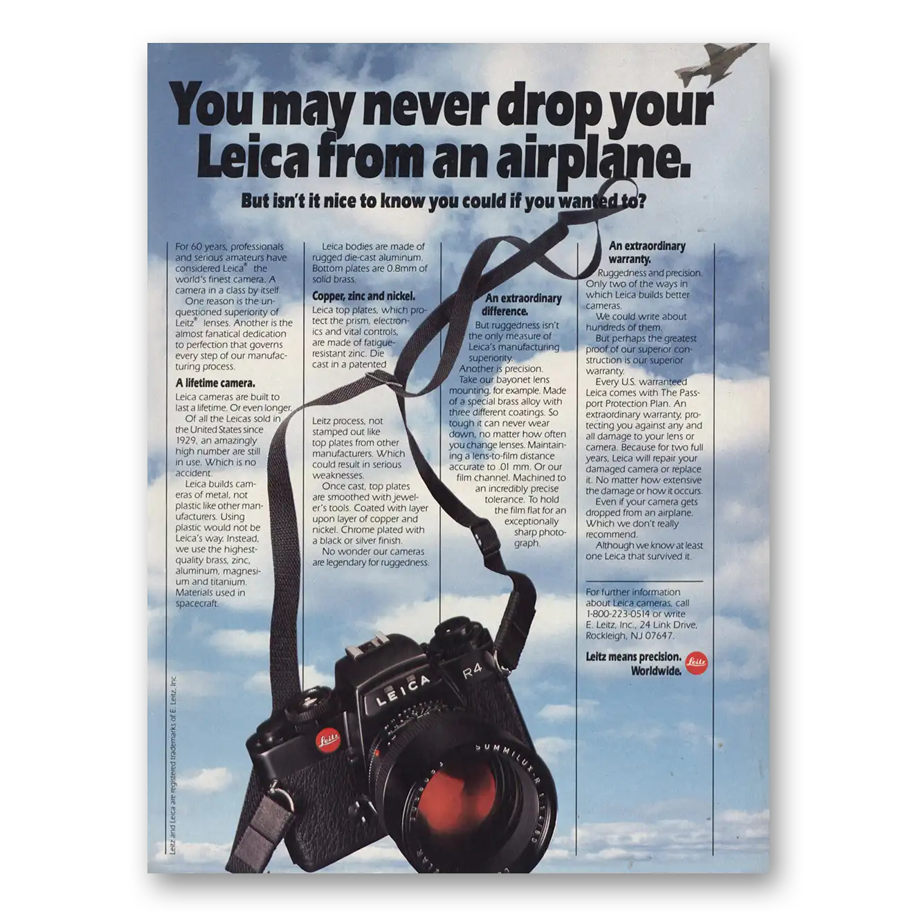 1985 Leica Cameras May Never Drop Your Leica From an Airplane Vintage Magazine Print Ad