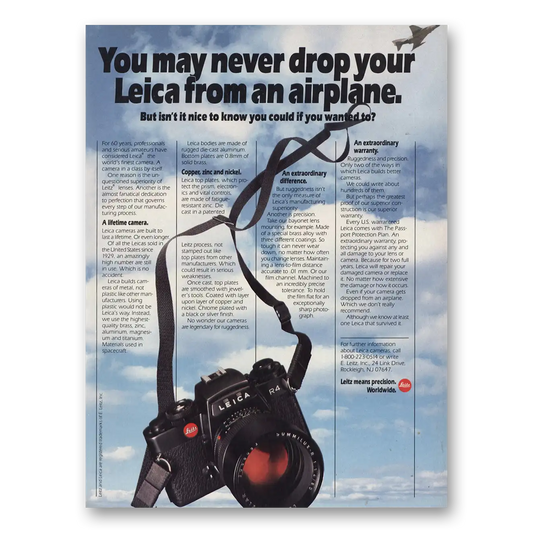 1985 Leica Cameras May Never Drop Your Leica From an Airplane Vintage Magazine Print Ad