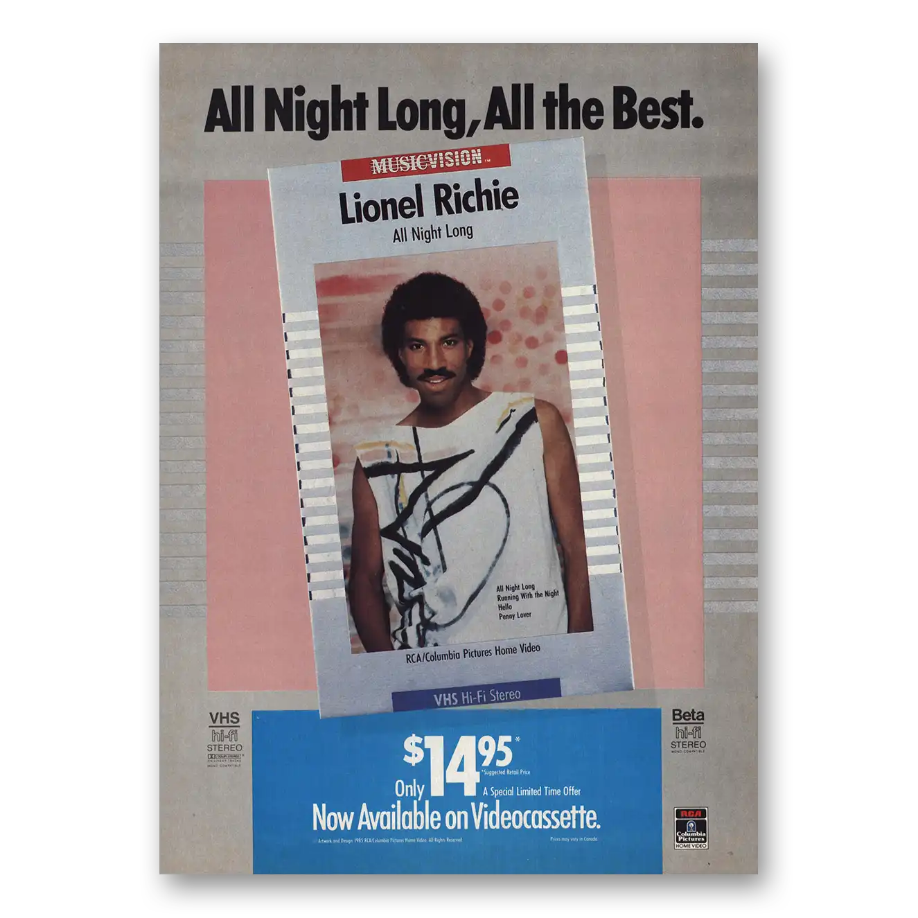 1985 Lionel Ritchie All Night Long Vintage Magazine Print Ad